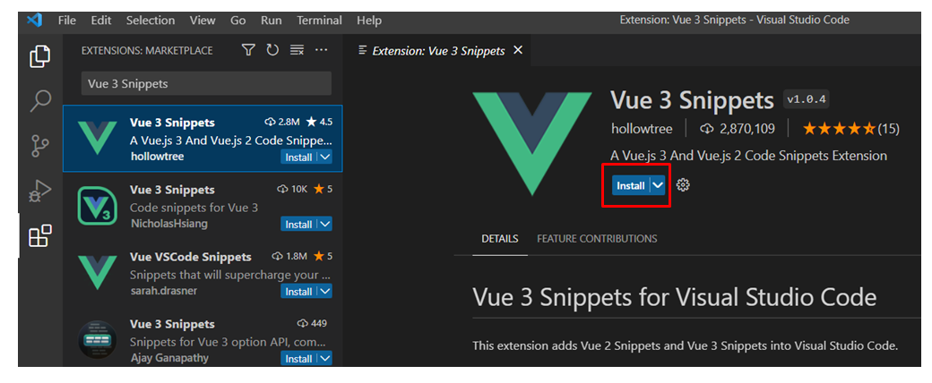Vue 3 Snippets Install