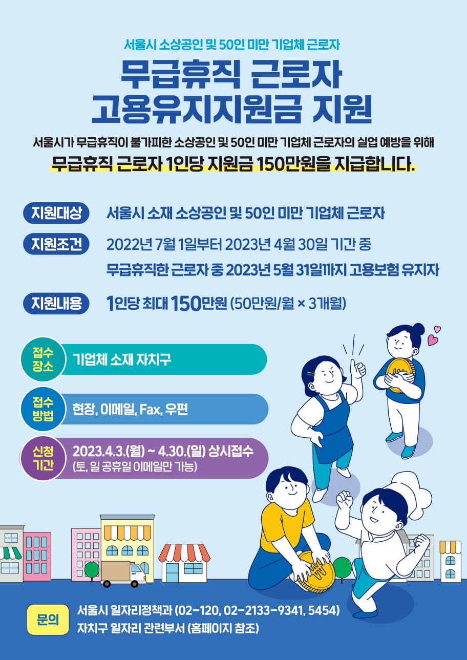 서울시 소상공인 인건비 300만원지원&#44; 무급휴직 근로자 150만원 지원사업