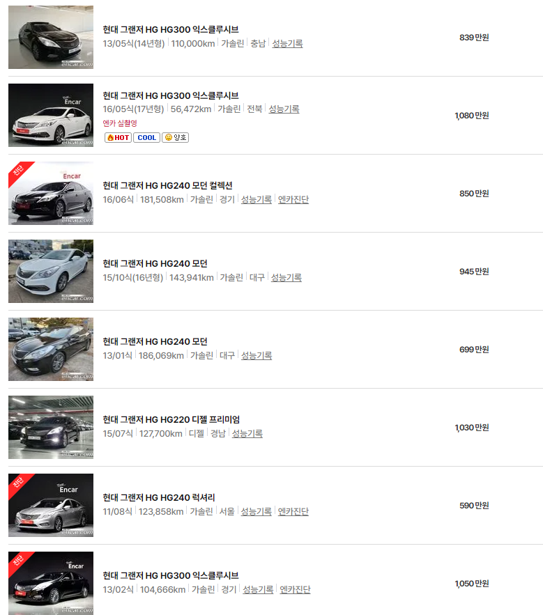 그랜저 HG(11~16년식) 중고차 가격