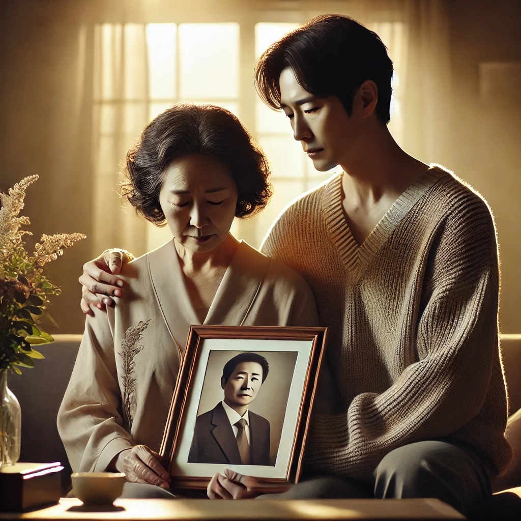 년 여성과 젊은 남성이 함께 고인의 사진 액자를 들고 있으며&amp;#44; 남성이 어머니의 어깨에 손을 얹고 위로하는 모습이다 다음날 유족연금을 신청하러갈 예정이다. 