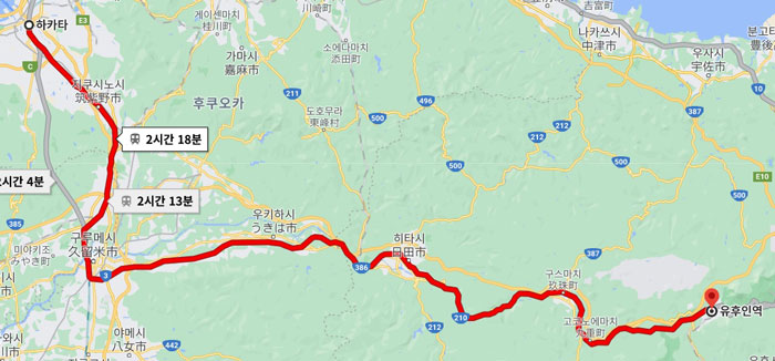 하카타역에서-유후인역까지-가는-JR-특급열차의-이동-경로를-지도에-표시한-것