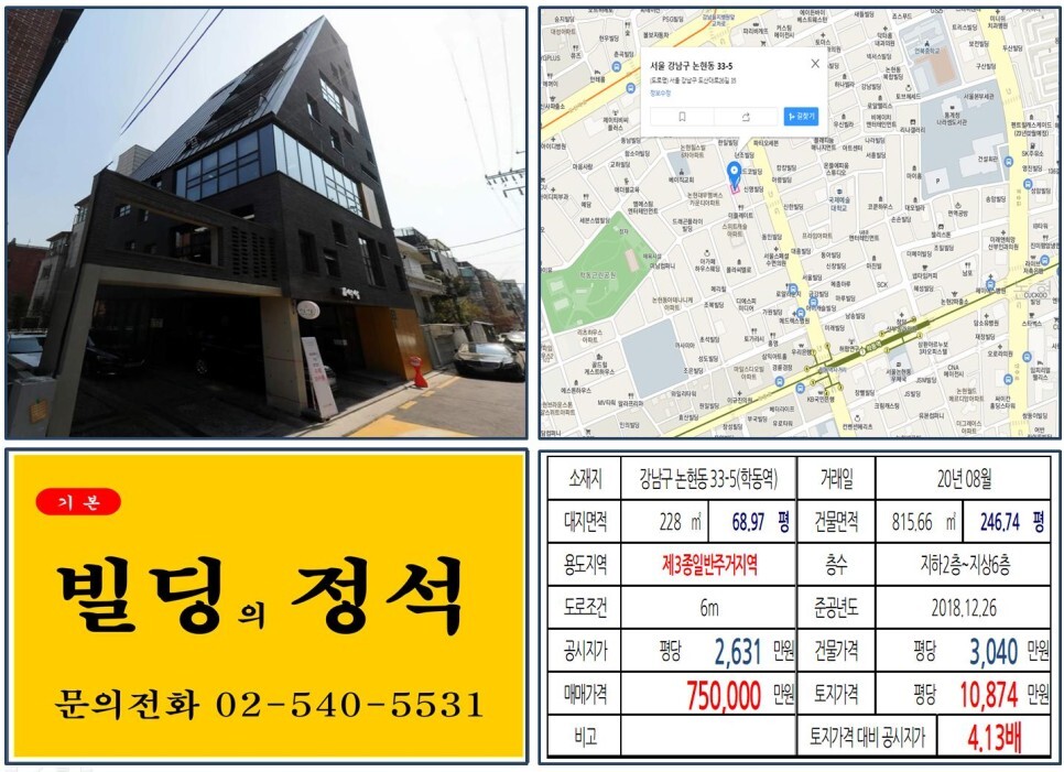  [강남구 신축 사옥용 70억 꼬마빌딩 실거래가 조회] 논현동 33-5 (학동역) 75억 원, 평당 1억 874만 원 매매되었습니다. 을지병원사거