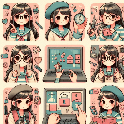 여러 개의 소녀 캐릭터와 보안 관련 아이콘이 포함된 일러스트