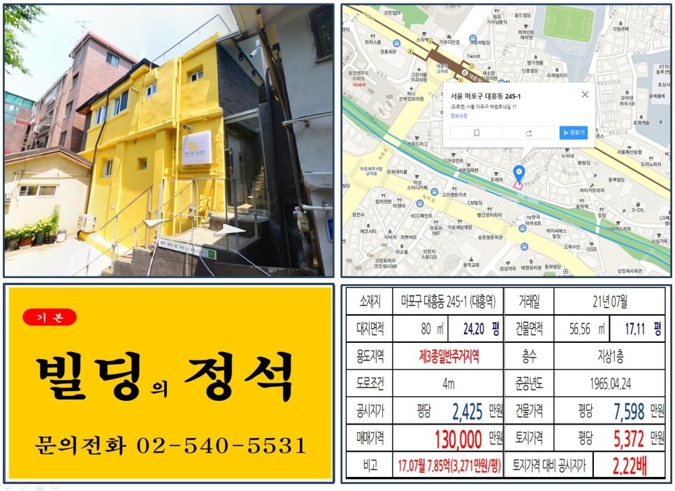  [마포구 경의선 숲길공원 10억 꼬마빌딩 실거래가 조회] 대흥동 245-1 (대흥역) 13억 원, 평당 5,372만 원 매매되었습니다
