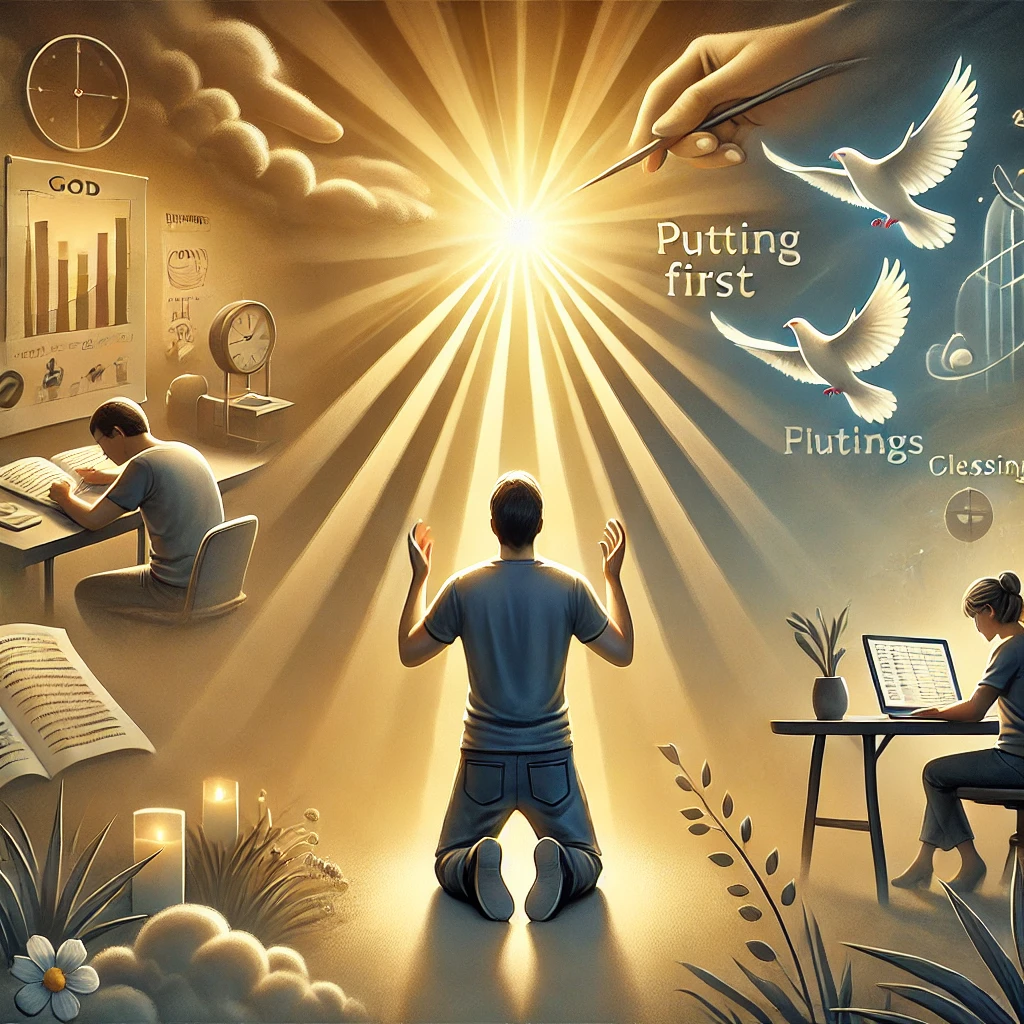 Here is an image that captures the act of putting God first&amp;#44; inspired by Genesis 25:33. The person is shown in prayer&amp;#44; focusing on God amidst the challenges of daily life&amp;#44; symbolizing a life lived in priority of spiritual blessings. The scene reflects the commitment to seek and share God&amp;#39;s grace&amp;#44; regardless of the situation.