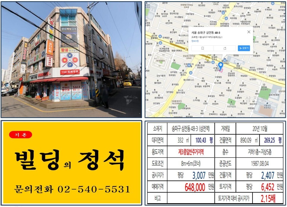  [송파구 9호선 역출구 60억 꼬마빌딩 실거래가 조회] 삼전동 48-3 (삼전역) 64.8억 원, 평당 6,452만 원 매매되었습니다. 레이크팰