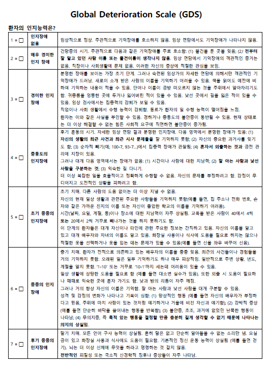 GDS 전반적인 악화 척도, CDR 임상 치매 척도, K-MMSE 한국어판 단순 정신건강 조사 3