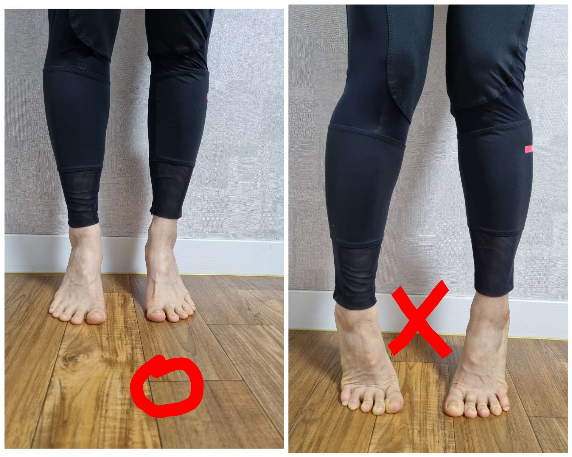 족저근막염 환자에게 필요한 운동- 발뒤꿈치 들어올리기. 이때 중요한 점은 발목이 꺾이지 않도록 한다