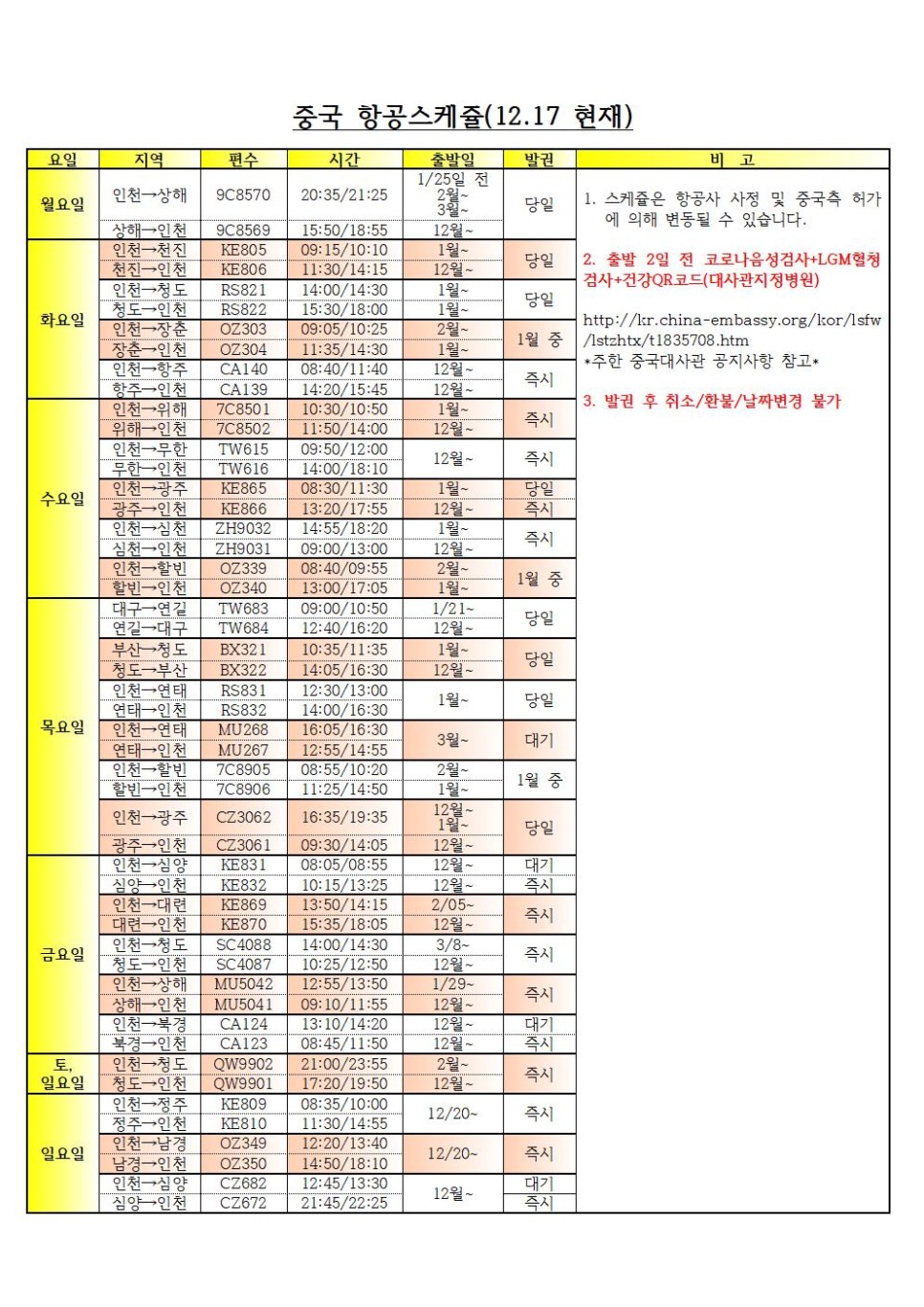  [청주 행정사] 중국항공권 예약을 위한 항공스케줄(12.17.기준) 안내