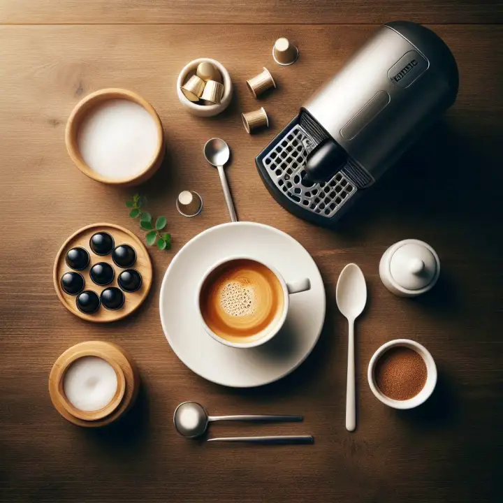 커피 캡슐과 커피 캡슐 머신과 커피가 함께 놓여있는 모습