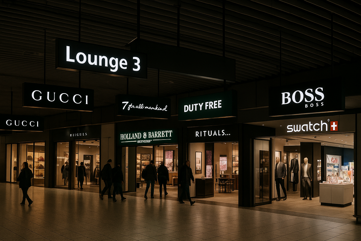 스키폴 공항 면세존 Lounge 3에 위치한 브랜드 로고 간판매장 거리 사진
