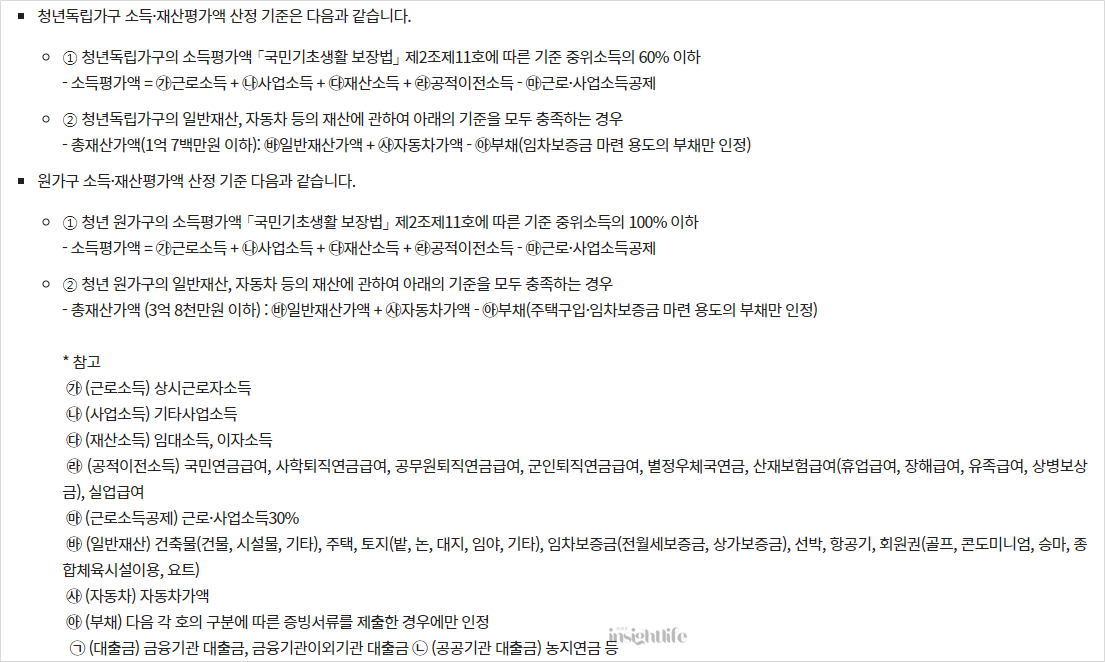 소득, 재산평가액 산정 기준