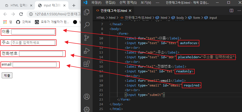 autofocus placeholder readonly required 속성 사용 예시 이미지