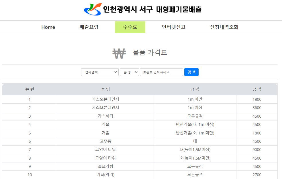 인천 대형폐기물 스티커 가격