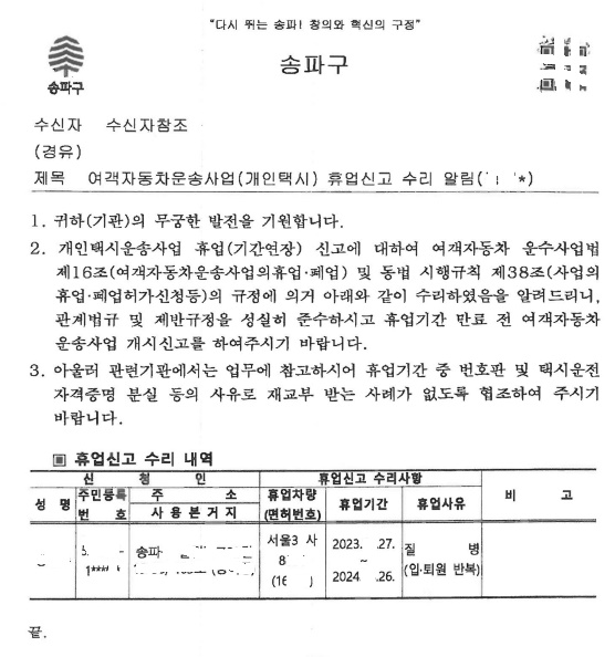 휴업신고수리서