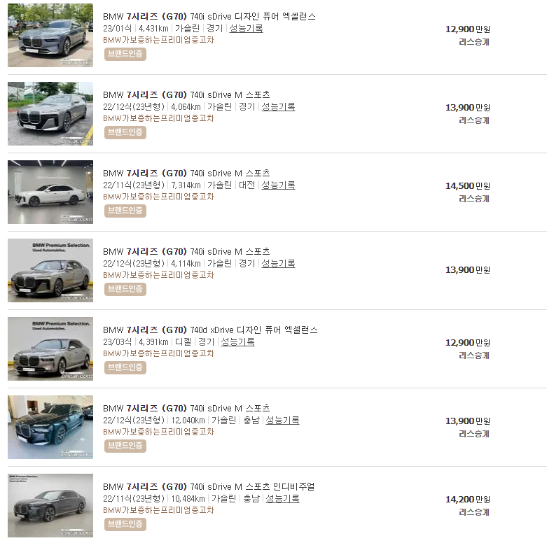 BMW 7시리즈 (G70)(22년~23년식) 중고차 가격