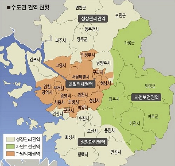  수도권정비계획법 과밀억제권역 성장관리권역 자연보전권역 이란 뜻 분류확인 범위