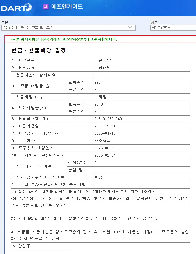 에프앤가이드(064850) 2025년 배당금 지급일