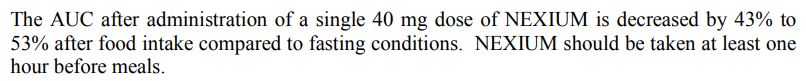 넥시움 식전&#44; 식후 약물 흡수 비교_FDA 자료. 식전 대비 식후에서 AUC가 43~53% 감소.