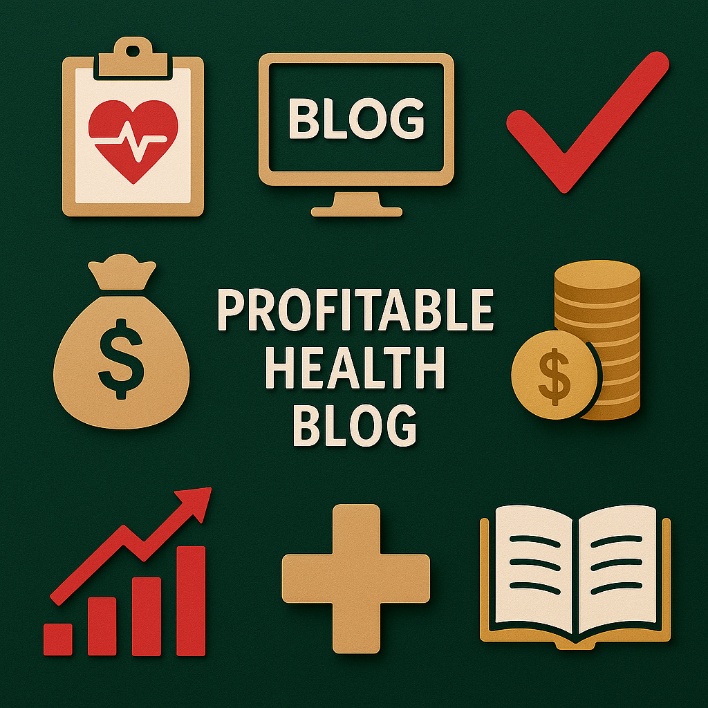 A stylish grid of nine icons representing elements of a profitable health blog, including a heart clipboard, blog monitor, red checkmark, money bag, stacked coins, growth chart, medical cross, and open book, on a dark green background