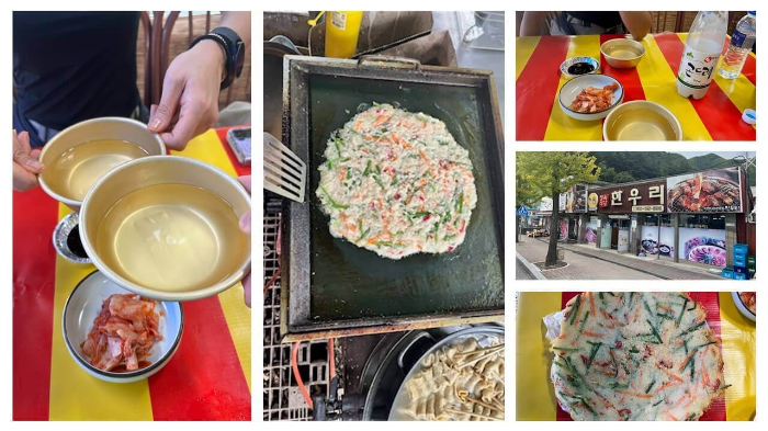 발구덕 쉼터에서 막걸리, 감자전을 먹는 사진