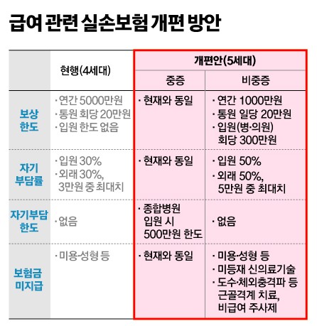 5세대 실손보험 표