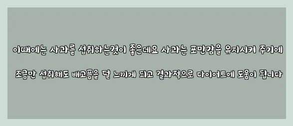  이때에는 사과를 섭취하는것이 좋은데요 사과는 포만감을 유지시켜 주기에 조금만 섭취해도 배고픔을 덜 느끼게 되고 결과적으로 다이어트에 도움이 됩니다