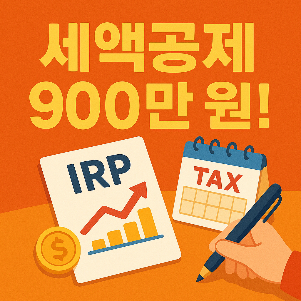 진한 오렌지 배경 위에 IRP 문서, TAX 캘린더, 펜, 금화, 상승 화살표가 배치되고, 고대비 노란색 텍스트 ‘세액공제 900만 원!’이 강조된 2D 일러스트 썸네일 이미지