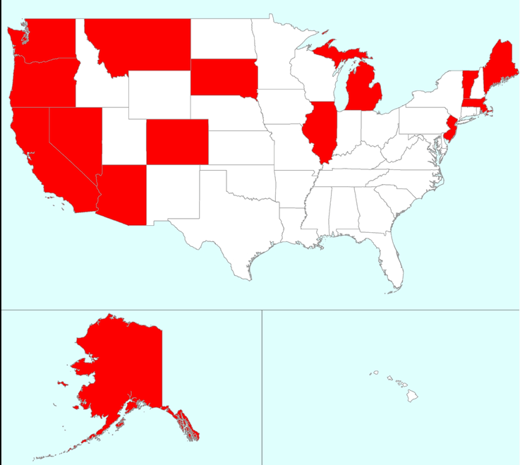 미국 지도에서 대마초가 합법인 주를 빨간색으로 표시한 그림