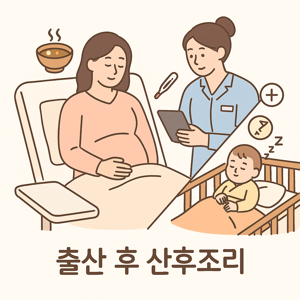 산후조리 중 침대에서 회복 중인 산모와 신생아