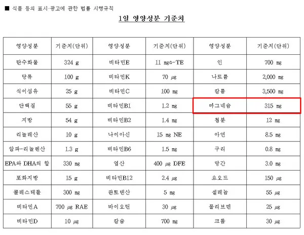 마그네슘 하루 권장량