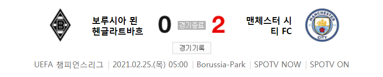  해외축구 - 보루시아 묀헨글라트바흐 VS 맨체스터 시티 FC UCL 16강 1차전 하이라이트 (2021년 2월 25일)