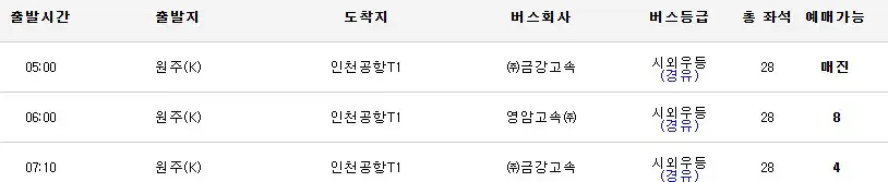 원주 인천공항 리무진 시간표