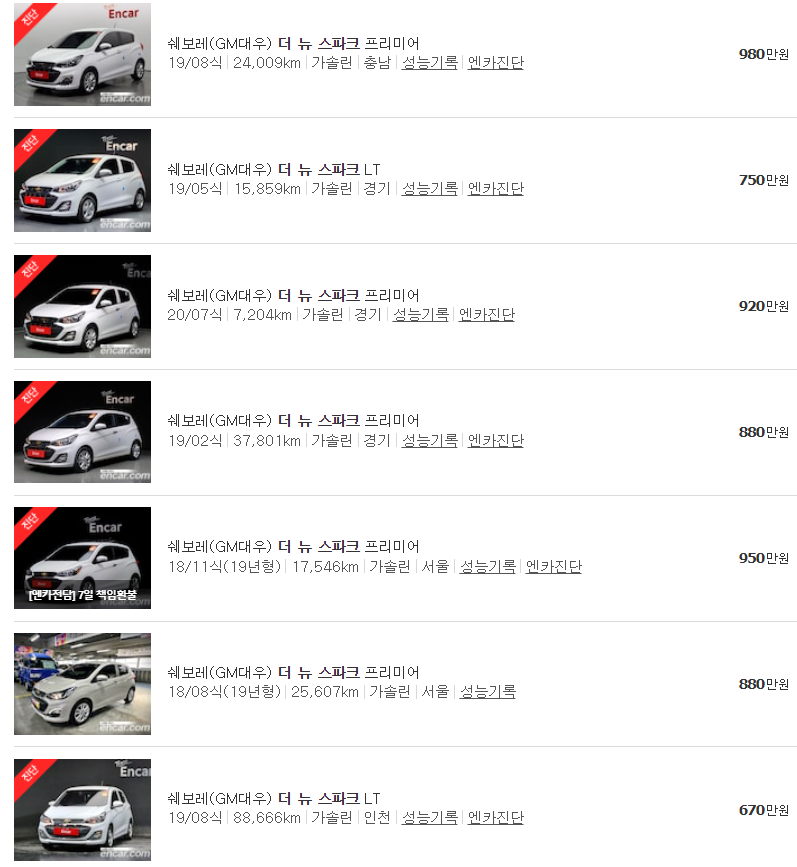 더 뉴 스파크 중고차 시세표
