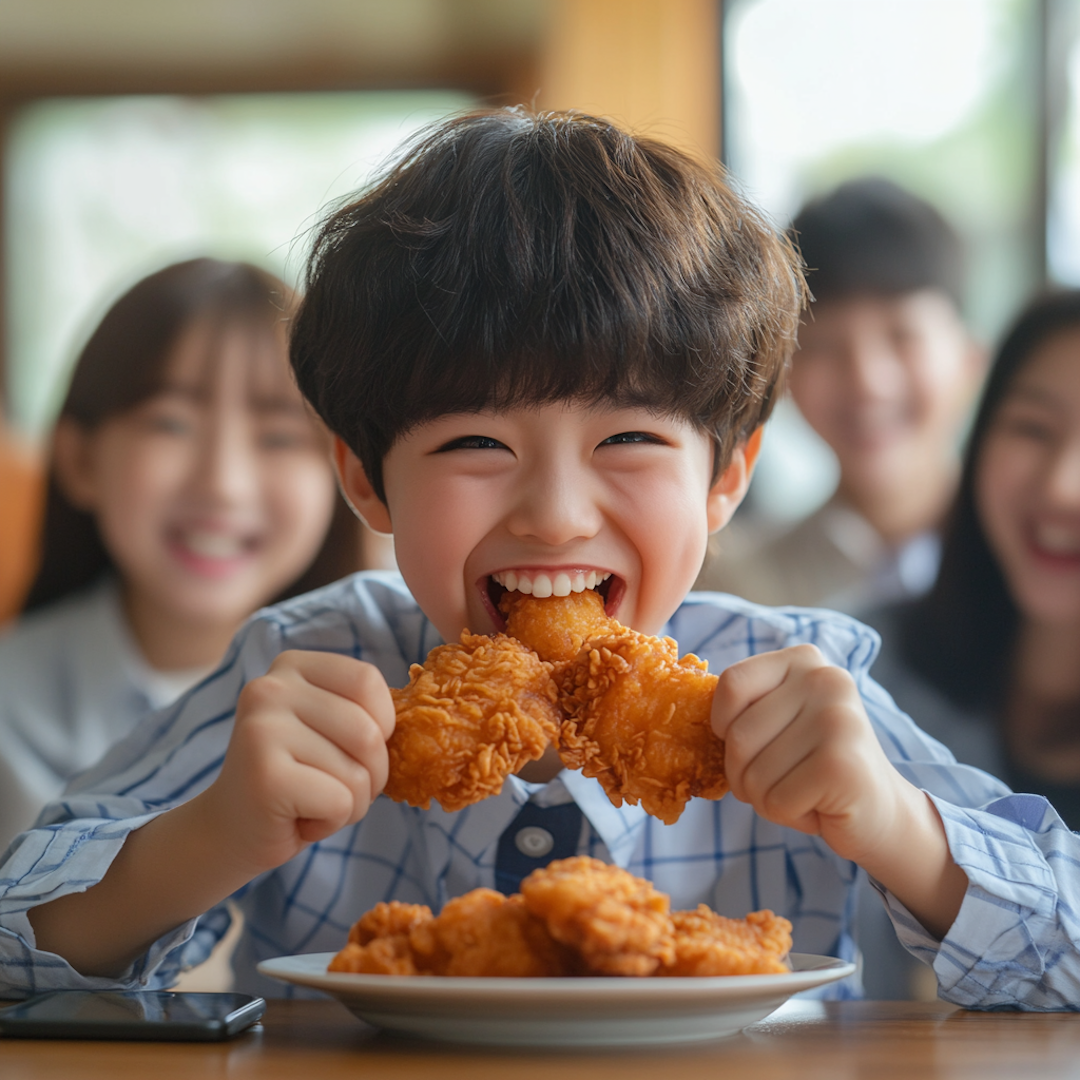 체크무늬 셔츠를 입고 환하게 웃으며 치킨을 먹고 있는 남자아이, 앞에 치킨이 담긴 접시가 있고 뒤에는 친구들이 함께 있는 모습