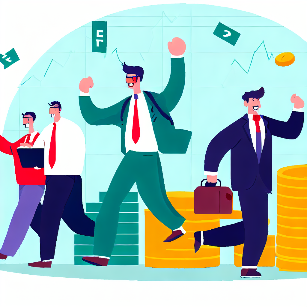 Illustrate a flat vector style image of successful investors following the advice of experts like Warren Buffett and Robert Kiyosaki to invest in ETFs and index funds.