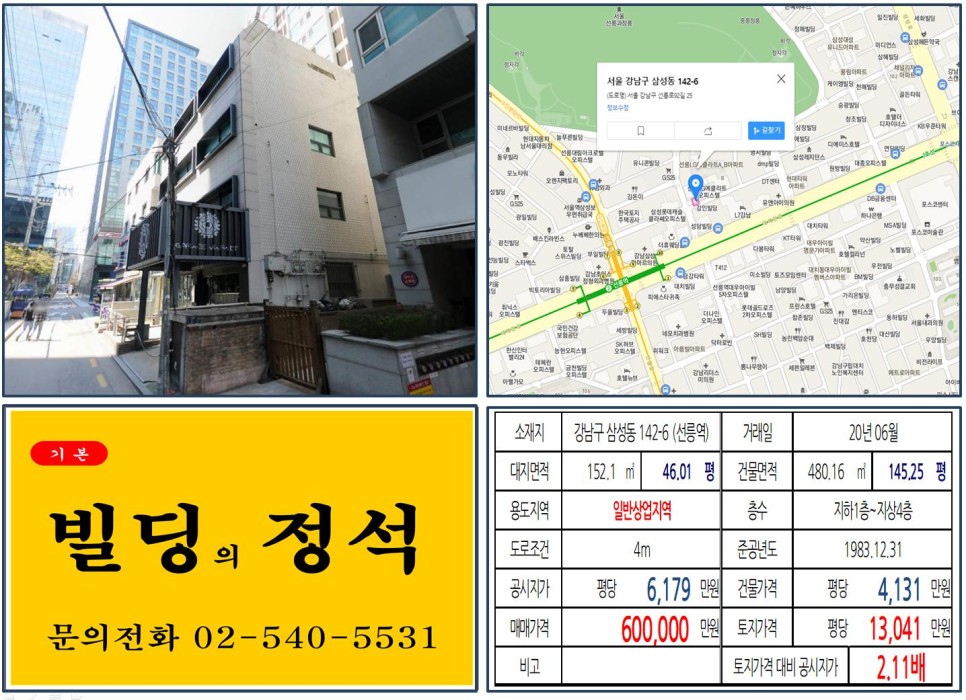 [강남구 삼성동 꼬마빌딩 실거래가 조회] 삼성동 142-6 (선릉역) 60억 원, 평당 1억 3,041만 원 매매되었습니다. 강남 60억 꼬마빌