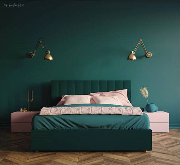 어두운-청록색벽과-침대가있는-방