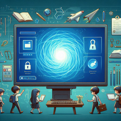 거대한 디지털 보안 화면 앞에서 학생들이 학습하는 모습.