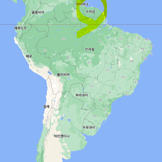 남아메리카 지도 전체에 수리남이 표시된 사진