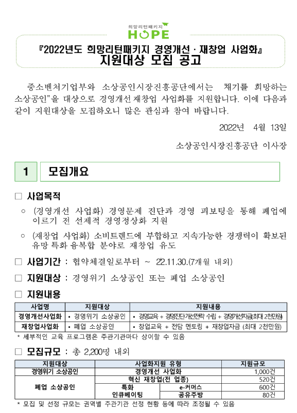  2022년 희망리턴패키지 경영개선ㆍ재창업 사업화 지원대상 모집 공고
