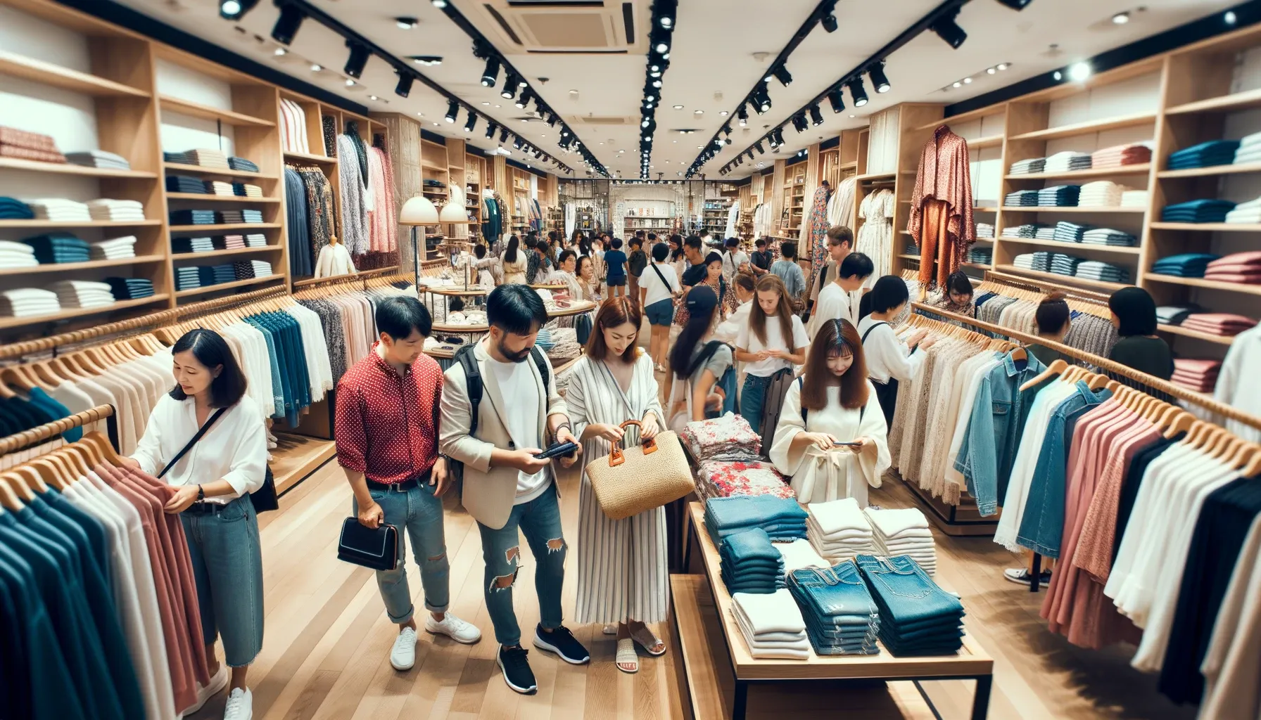 Photo of a lively clothing store with international tourists browsing through the aisles and store clerks assisting them&#44; emphasizing a multicultural shopping environment.