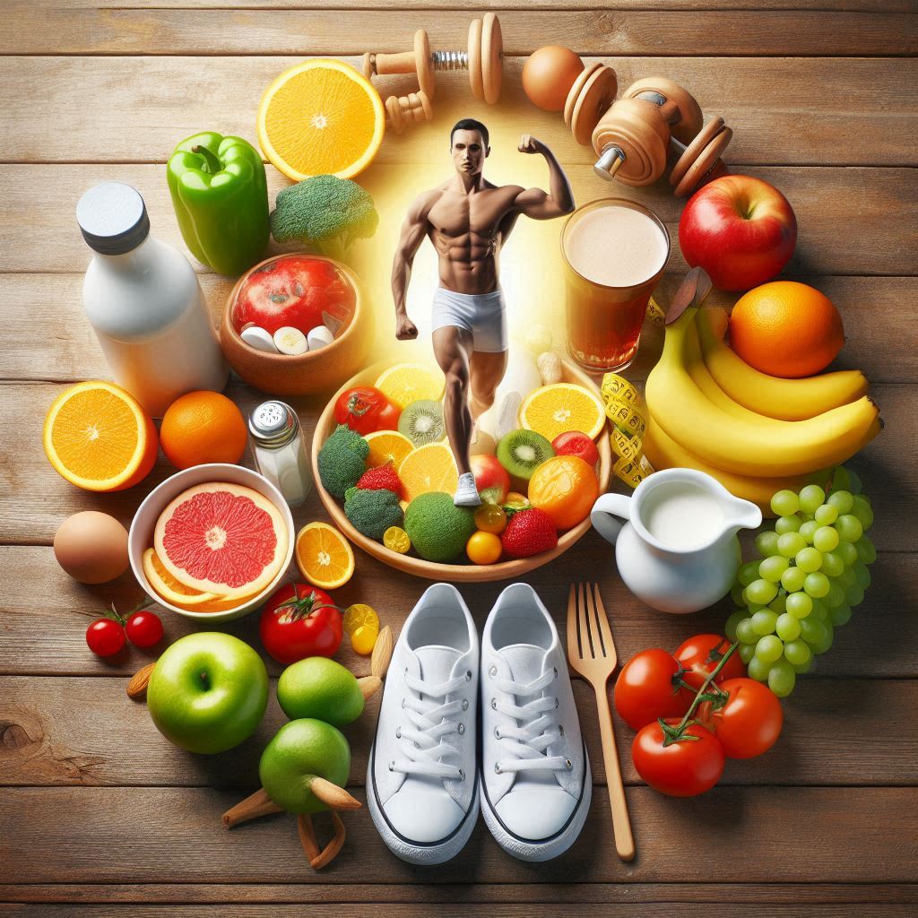 건강한 라이프스타일을 상징하는 이미지 (운동, 균형 잡힌 식사 등)