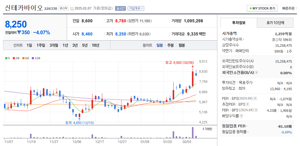 신테카바이오 일봉차트