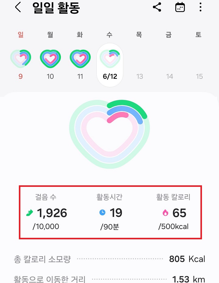 걸음수, 활동시간, 활동 칼로리 보임