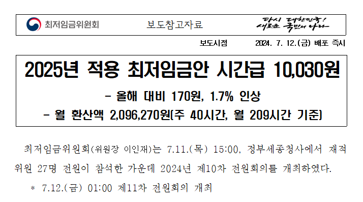 2025년 최저임금 시급 10,030원