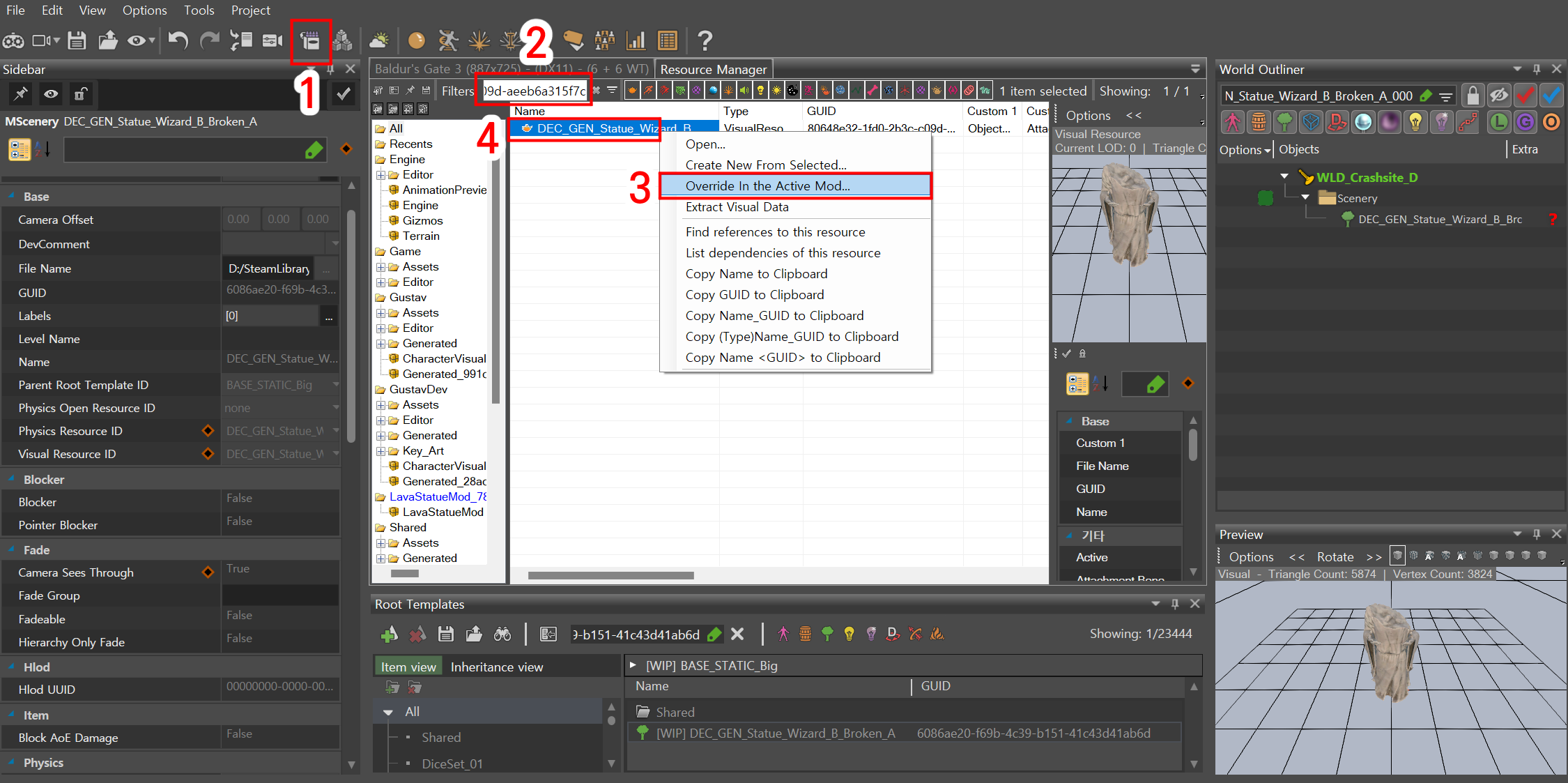 발더스 게이트 3 툴킷 Resourc Manager 창에서 비주얼 리소스를 검색하여 수정 기능을 활성화하는 화면