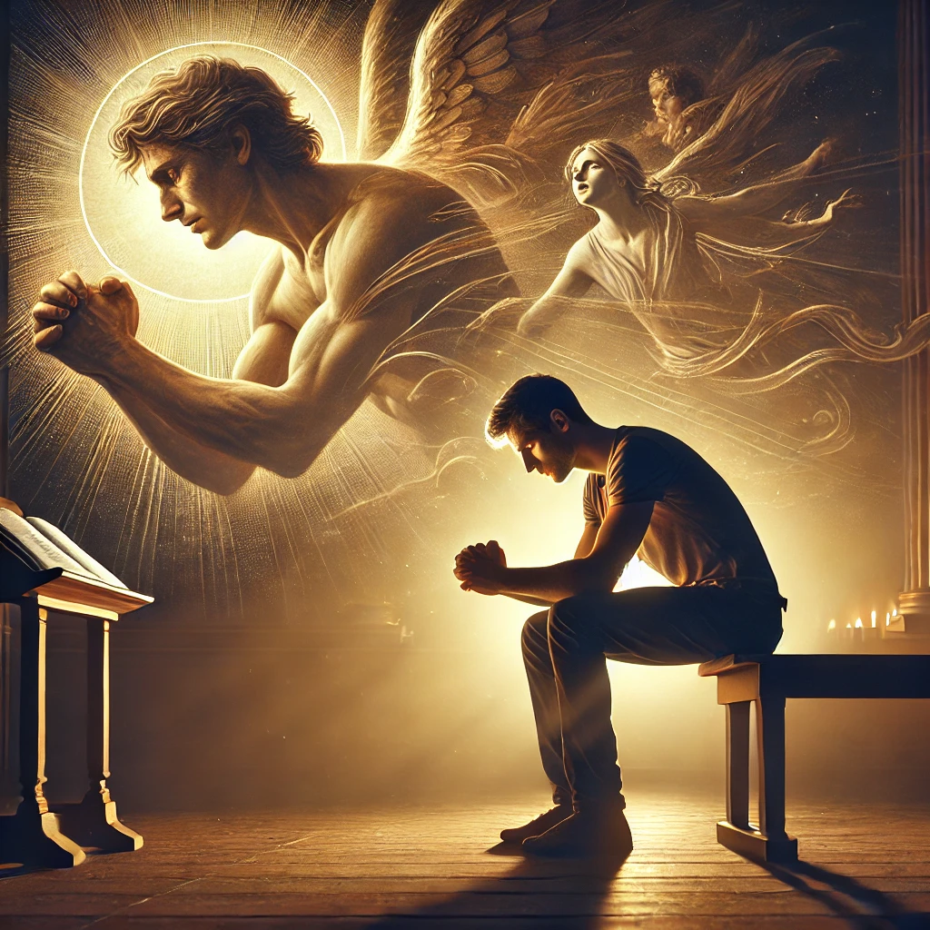 Here is the inspiring image depicting a modern-day individual&amp;#44; inspired by the example of David&amp;#44; entrusting their struggles and sorrows to God in prayer. The scene conveys faith&amp;#44; reliance on God&amp;#39;s protection&amp;#44; and a deep engagement in prayer during times of hardship.