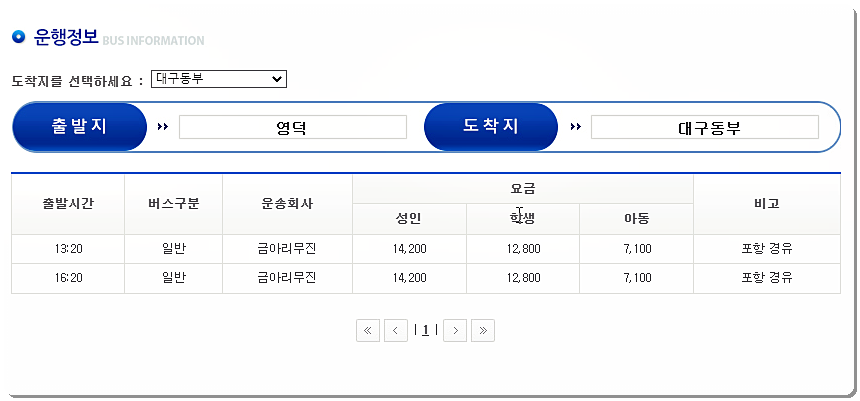 영덕 시외버스터미널 시간표 및 요금표 2