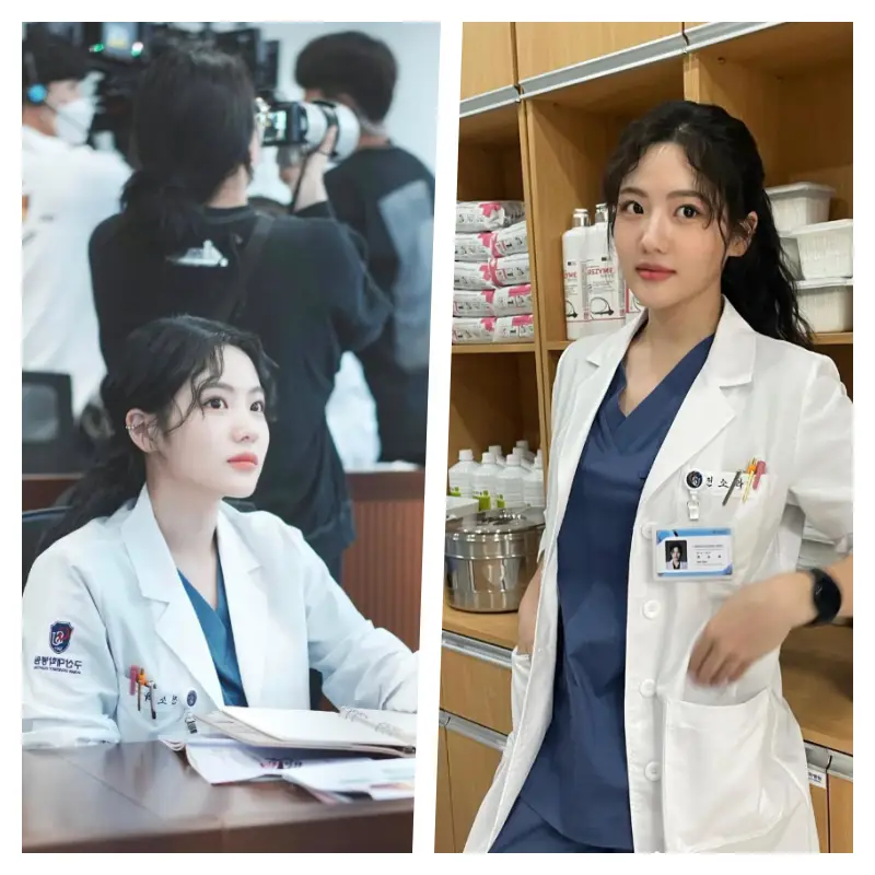 배우 조아람이 닥터 차정숙 촬영장에서 파마 머리를 질끈 묶고 의사 가운을 입고 찍은 사진.